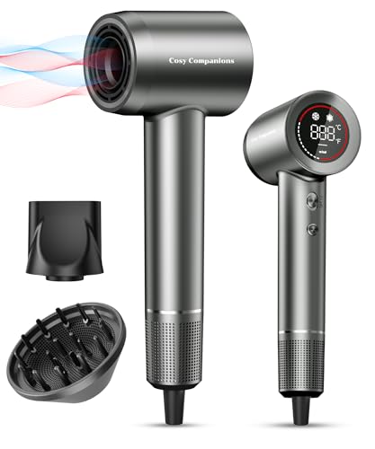 Hair Dryer - Negative Ionic Blow Dryer with 170000 RPM High Speed Brushless Motor for Fast Drying, Low Noise, HD Display Hair Dryer with Diffuser and Nozzle, 5 Temps & 2 Speeds