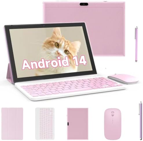 Tablet 2 in 1 Tablets 10 inch Android 14 Tablet Set with Keyboard Case Mouse Stylus Pen, 8GB+64GB Tablets 10.1" HD Touch Screen Tab, 2MP+8MP Dual Camera 6000mAh battery WiFi6 Bluetooth Tableta PC Pink