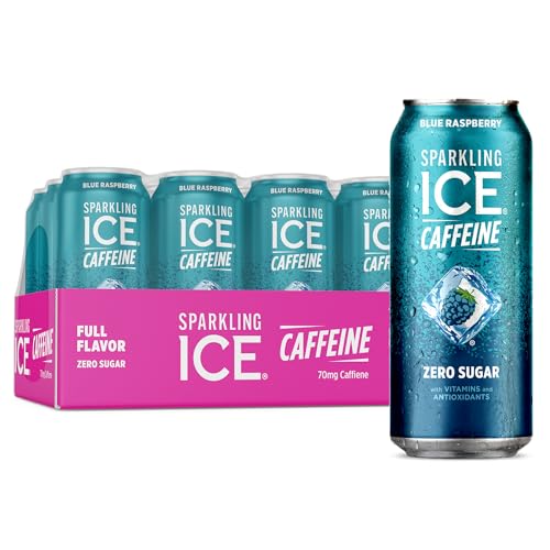 Sparkling Ice Caffeine Blue Raspberry Sparkling Water with Caffeine, Zero Sugar, with Antioxidants and Vitamins,16 fl oz Cans (Pack Of 12)