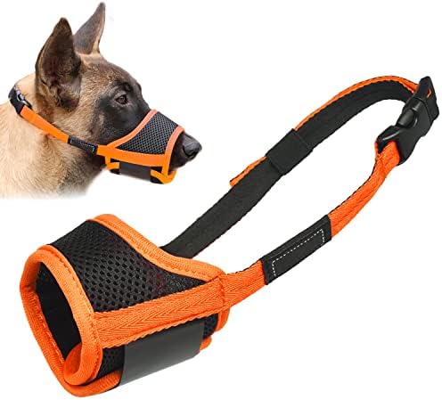 LUCKYPAW Dog Muzzle Anti Biting Barking and Chewing with Comfortable Mesh Soft Fabric and Adjustable Strap, Suitable for Small, Medium and Large Dogs(Orange Trim,XL)
