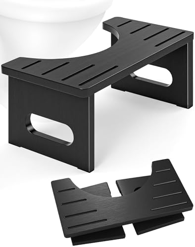 Foldable Toilet Stool, 7 Inches Bamboo Toilet Stool Squat for Adults, Collapsible Poop Stool for Bathroom, Potty Step Stool with Non-Slip Strip (Black)