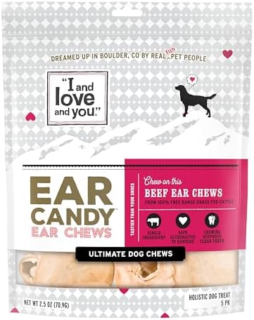 I and love and you Ear Candy Cow Ear Chews - Beef - Rawhide Alternative, Single Ingredient, Free Range Grass Fed Beef, 5ct