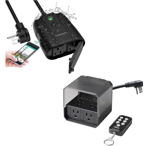 WiFi Outlet Compatible with Alexa, Google Assistant, 2 Individual Socket Outside Power Strip, Outdoor Timer Remote Control Outlet Switch 100ft, Dusk to Down Countdown Light Sensor Power Strip