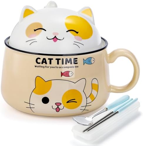 Ramen Bowl with Handle and Lid, 34.5 oz Ceramic Instant Noodle Bowls Cute Cat with Spoon Chopsticks for Dorm, Large Microwavable Japanese Soup Pot Bowl