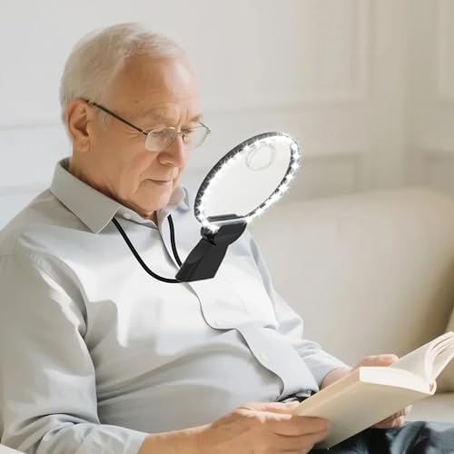 Magnifying Glass with Light Hands Free for Reading 5.5 Inch 5X, LED Light with 2 Modes, Flexible Neck-Worn Large Magnifie, Illuminated Magnifier for Seniors Inspection, Coins, Jewelry, Sewing