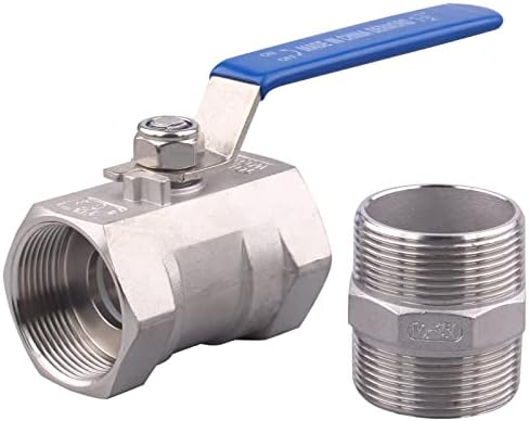 DERNORD 1PC Type Stainless Steel 1 1/2 Inch Ball Valve NPT Standard Port with Male Hex Nipple for Water, Oil, and Gas