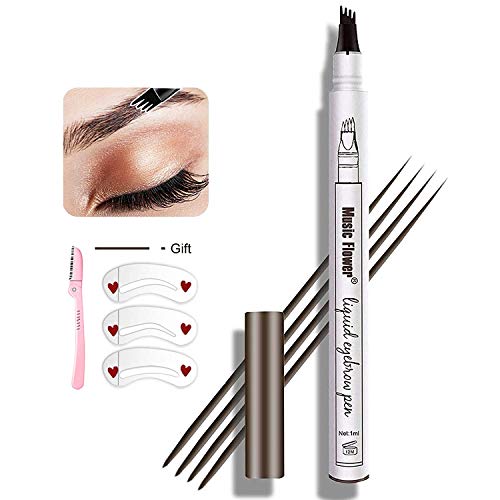 Eyebrow Pen, MoonKong 4 Point Eyebrow Pencil Waterproof Eye Brown Makeup, Eyebrow Kits with 3 Eyebrow Stencil, 1 Brow Razor (4# Black)