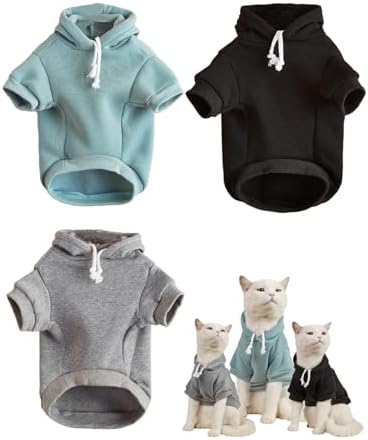 QWINEE 3Pcs Basic Dog Hoodie, Dog Warm Jacket, Cat Apparel, Dog Shirt, Dog Clothes for Puppy Kitten Small Medium Dogs Cats Black Green and Grey X-Large