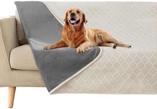 fuguitex Waterproof Dog Blanket Bed Cover Dog Crystal Velvet Moroccan Fuzzy Cozy Plush Pet Blanket Throw Blanket for Couch Sofa(68 * 82 inch, Cream+Grey)