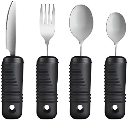 Adaptive Utensils,Easy Grip Silverware,Built Up Bendable Fork,Teaspoon,Tablespoon and Knife for Elderly,Hand Tremors,Arthritis and Parkinson's Patients,4 Piece Set