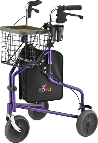 NOVA Traveler 3 Wheel Rollator Walker, All Terrain 8” Wheels, Includes Bag, Basket and Tray, Purple