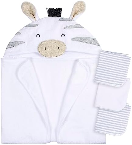 Gerber Baby 4 Piece Animal Character Hooded Towel and Washcloth Set, Grey Zebra, One Size