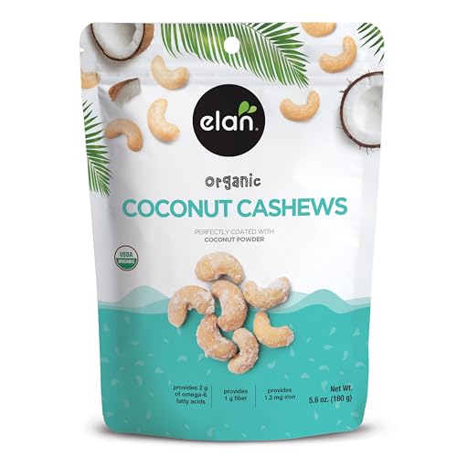 Elan Organic Coconut Cashews, 5.6 oz, Non-GMO, Gluten-Free, Vegan, Kosher, Glazed Nuts (Roasted Cashews, Coconut Milk Powder, Himalayan Pink Salt), Superfood Infused Nuts