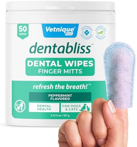 Vetnique Dentabliss - Dog Teeth Cleaning Finger Mitt Dental Wipe - Dog Plaque & Tartar Prevention with Brushing Beads - Flavored Dog Teeth Wipes, Dog Breath Freshener (Peppermint)