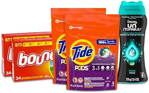 Tide Pods Liquid Laundry Detergent Pacs, Downy Unstopable Scent Beads and Bounce Dryer Sheets, Better Together Bundle