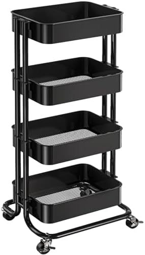 Pipishell 4 Tier Metal Rolling Utility Cart, Heavy-Duty Storage Rolling Cart with 2 Lockable Wheels, Multifunctional Mesh Organization Utility Cart for Kitchen Dining Room Living Room, PIUC13B