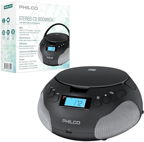 Philco Portable CD Player Boombox, FM Radio CD Players for Home, Compatible with MP3/WMA/CD-R/CD-RW 3.5mm Aux Input |USB Port | Stereo Sound |AC/Battery Powered |LED Display