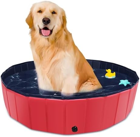 Foldable Dog Pool, 39" x 12" Kiddie Pool with Hard Plastic, Non-Slip Dog Bath Tub for Outdoor Backyard, Collapsible Dog Swimming Pool for Kids Dogs Pets (Red)