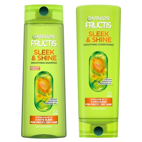 Garnier Fructis Sleek & Shine Shampoo (22 Fl Oz) + Conditioner (21 Fl Oz) Set for Frizzy, Dry Hair, Plant Keratin + Argan Oil (2 Items), 1 Kit (Packaging May Vary)