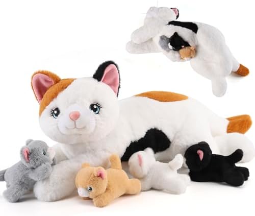 5 Pieces Cat Stuffed Animals with Babies Inside Belly - 1 Mommy Stuffed Cat with 4 Kittens - Stuffed Kitty Cat Plush Toys for Kids Age 3-8, Gifts Ideal for Christmas, Valentine's, Birthday