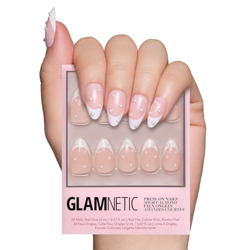 Glamnetic Press On Nails - French Pearl | Short Almond French Tip Nails with Pearl Accents, Reusable Stick On Fake Nails with Glue | Love In Bloom Spring Nails | 15 Sizes - 30 Nail Kit with Glue