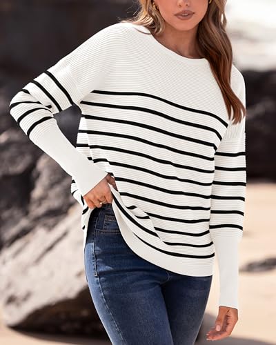 BTFBM Women Winter Sweater Oversized Sweater Long Sleeve Pullover Tops Loose Fit Christmas Sweater(Striped White Black,Large)