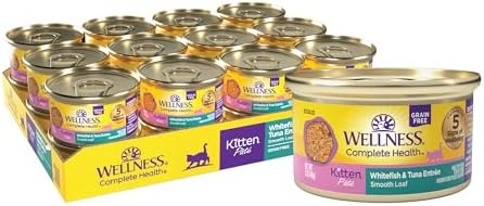 Wellness Complete Health Pate Kitten Wet Cat Food Canned Food, Natural, Protein-Rich, Grain Free, 3 Ounce Cans, 24 Pack, (Whitefish & Tuna)