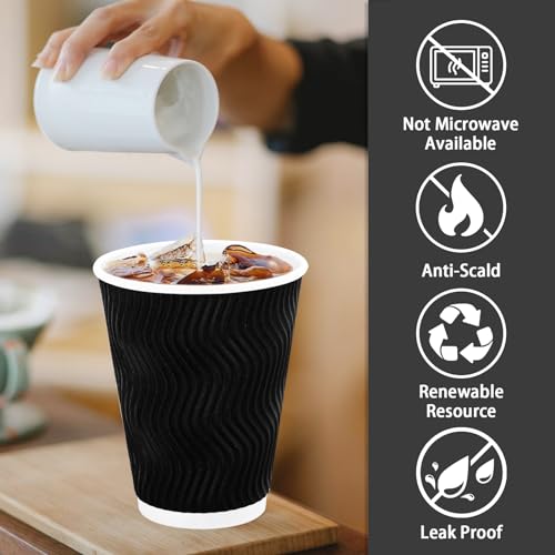 Lamosi Coffee Cups 12oz-100 Pack, Black Disposable Cups, Corrugated Fall Paper Cups 12oz, Ripple Wall Insulated Water Cups Without Lids for Cold/Hot Beverage (Black, 100 Pack, 12OZ)