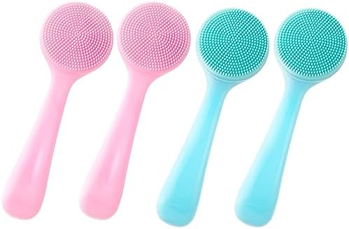 4 Pack Silicone Manual Facial Cleansing Brush, Skin Friendly Waterproof Face Cleaning Scrubber Exfoliator Cleanser for Blackheads Whiteheads Makeup Residues Removal- 2 Blue & 2 Pink