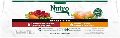 NUTRO HEARTY STEW Adult Natural Grain Free Wet Dog Food Cuts in Gravy, Tender Chicken, Carrot & Pea Stew and Chunky Beef, Tomato, Carrot & Pea Stew Variety Pack, (12) 12.5 oz. Cans