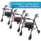 Carex Step 'N Rest Aluminum Rolling Walker For Seniors, Pink - Rollator Walker With Seat - With Back Support, 6 Inch Wheels, 250lbs Support, Lightweight