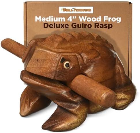 Medium 4" Wood Frog Guiro Rasp - Percussion Musical Instrument Tone Block - Wooden Frog with Stick, Frog Noise Maker by World Percussion USA