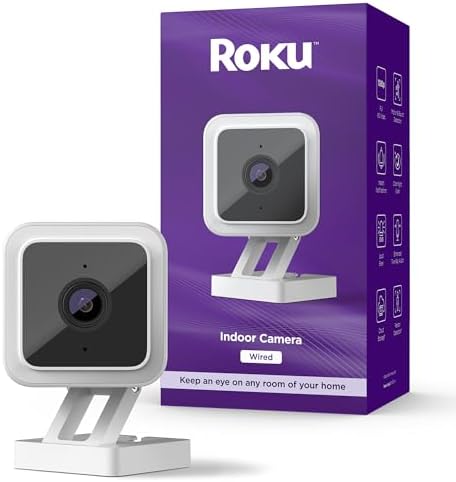 Roku Indoor Camera for Home Security, 1-Pack - Wired Security Camera with 1080p HD Color Night Vision, Compatible with Alexa & Google, Motion & Sound Detection, Built-in Siren,(Renewed)