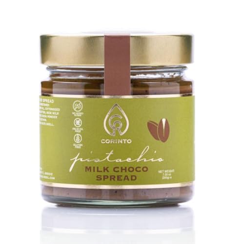 CORINTO Milk Choco Pistachio Cream Spread - Nutty & Rich Pistachio Cream with 20% Greek Pistachios - Palm Oil Free Pistachio Paste for Bread, Pastries & More - Gluten Free Creme Dessert Spread 7.05oz