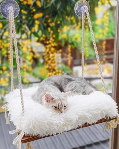 Cat Window Perch - Hammock Bed for Cats Inside - Solid Wood Seat, 4 Strong Suction Cups, Faux Fur Cushion - Rustic Indoor Pet Shelf