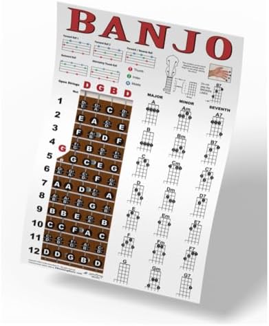 Banjo Poster - Chords Rolls Fretboard Notes - Open G Tuning 11x17 Easy Beginner Instructional Chart by A New Song Music