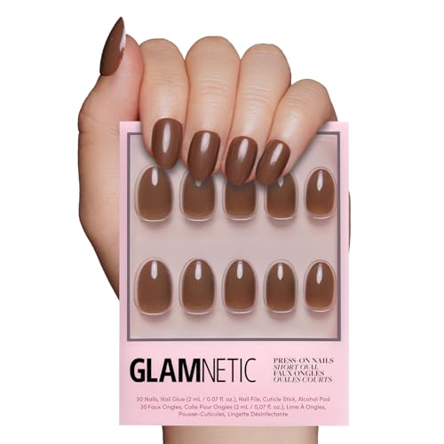 Glamnetic Press On Nails - Chocolate Brown | Opaque Muted Soft Brown Short Oval False Nails, Reusable Stick On Fake Nails with Glue | Salon Quality | 15 Sizes - 30 Nail Kit