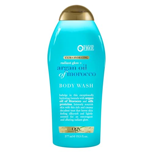 OGX Radiant Glow + Argan Oil of Morocco Extra Hydrating Body Wash for Dry Skin, Moisturizing Gel Body Cleanser for Silky Soft Skin, Paraben-Free, Sulfate-Free Surfactants, 19.5 fl oz