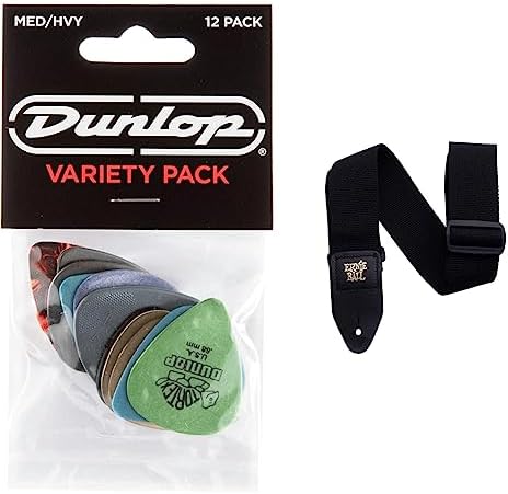 Dunlop Pick Variety Pack, Assorted, Medium/Heavy, 12/Player's Pack & Ernie Ball Polypro Guitar Strap, Black (P04037)