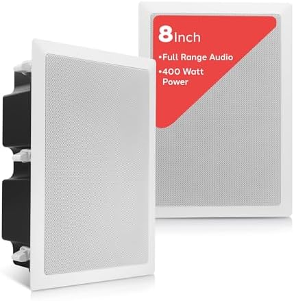 Pyle Ceiling Wall Mount Enclosed Speaker - 400 Watt Stereo In-wall / In-ceiling 8" Enclosed Full Range Deep Bass Speaker System - 50Hz-20kHz Frequency Response, 4-8 Ohm, Flush Mount - PDIW87 White