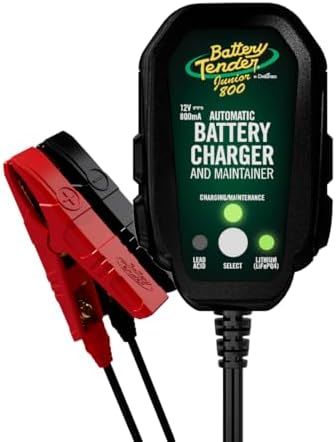 Battery Tender Junior 12V, 800mA Battery Charger and Maintainer for Lead Acid and Lithium Batteries - Switchable Battery Charger for Powersports - 022-0199-DL-WH