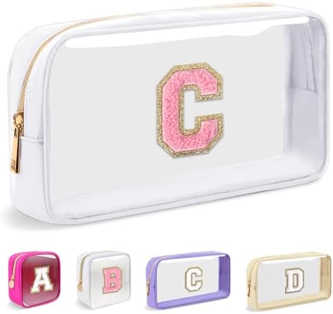 Small Clear Personalized Initial Makeup Bag,Nylon Preppy A-Z Chenille Letter Patch Cosmetic Pouch Beach Toiletry Bag,Waterproof Zipper Travel Purse Storage Bag Organizer for Women Girls(White-Pink C)