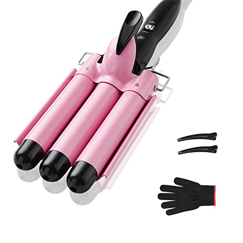 TOP4EVER 3 Barrel Curling Iron, 1 inch Crimper Hair Tool,Crimping Waver for Women Beach Waves with Two Temperature Settings, Pink