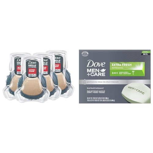 DOVE MEN + CARE Shower Tool For Stronger, Healthy-Feeling Skin Active Clean Scrubs and Exfoliates & Bar 3 in 1 Cleanser for Body