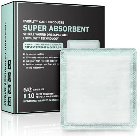 EVERLIT EquiFlow Super Absorbent Dressing | High Retention, Instant Absorption for Heavily Exuding Wound | Sterile Non-Adhesive Polymer Gauze Pads | Reduce Leakage and Skin Maceration (3" x 3")