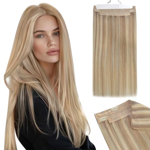 Ugeat Wire Hair Extensions Fish Line Hair Extensions Real Human Hair #16/22 Blonde Secret Hairpiece Wire Human Hair Extensions Straight Remy Hair with Transparent Line 80g 16 Inch
