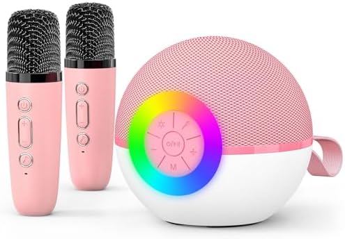 goopow Mini Karaoke Machine Speaker for Kids Adults, Portable Bluetooth Microphone Song Toys with LED Light, Best Chritmas Birthday Festival Gift for 3 4 5 6 7 8+ Year Old Girls Boys (Pink-2MIC)