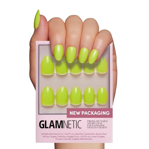 Glamnetic Press On Nails - Lime Green | Opaque Bright Neon Green Short Oval Fake Nails, Reusable | 15 Sizes - 30 Nail Kit