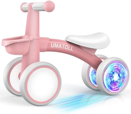 Umatoll Colorful Lighting Baby Balance Bike Toys for 1 Year Old Girl Gifts, Adjustable Seat Baby Walker, One Year Old Girl Birthday Gifts, 12-24 Months Toddler First Ride on Toys with Removable Basket