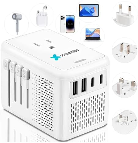 Mapambo 220V to 110V Voltage Converter US to Europe for Hair Dryer with 2 USB Port 2 USB C International European Universal Travel Adapter Worldwide Step Down Power Converter Plug Combo(White)
